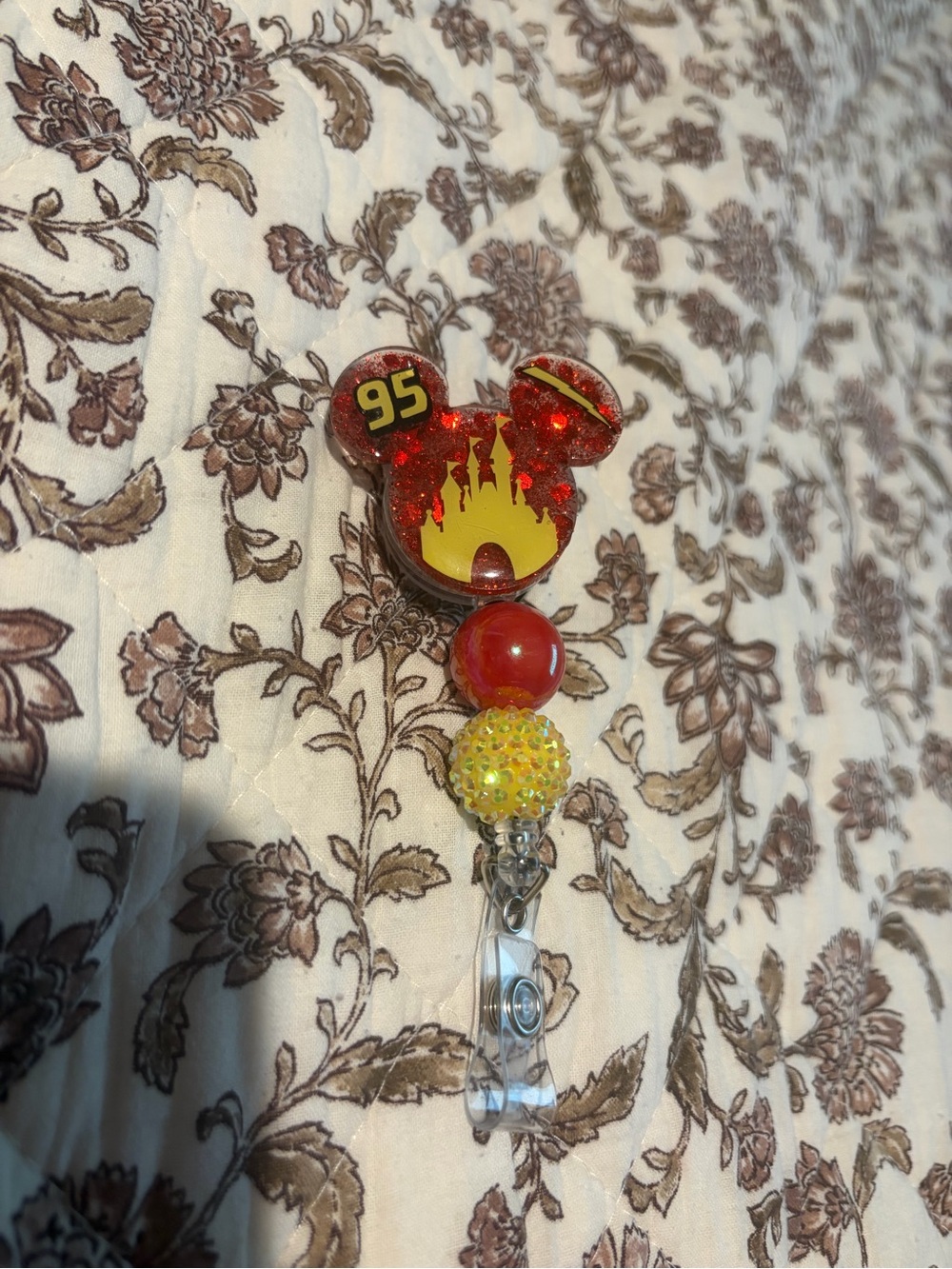 Kids Red Glitter Castle Badge Reel with Beaded Accent
